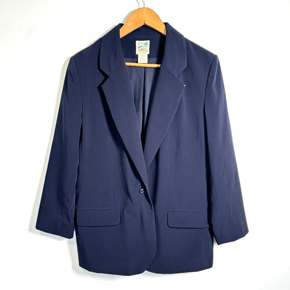 TravelSmith Navy Blue Blazer Jacket Womens Size 14 Regular 1 Button Polyester‎